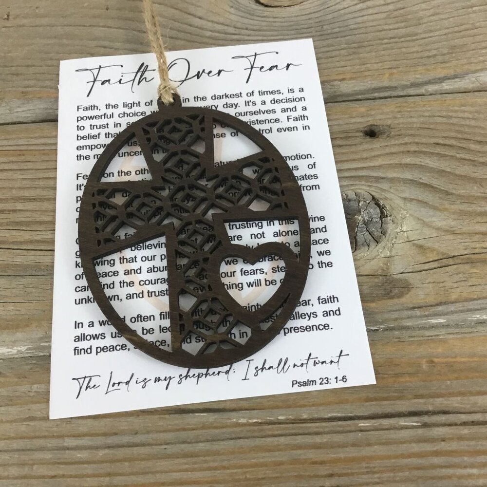Wood Cross Faith over Fear Story Card Ornament